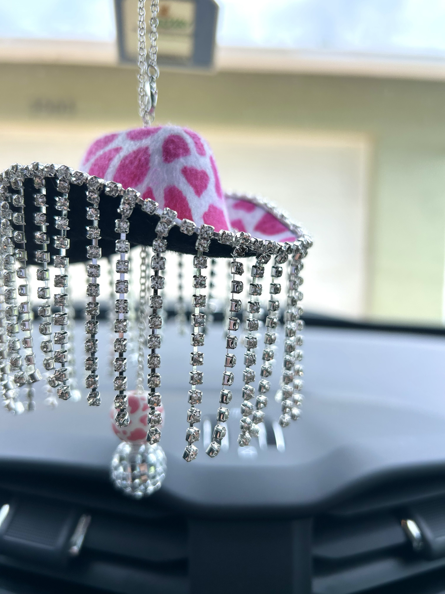 Rhinestone Tassel Cow Print Cowboy Western Hat Car Mirror Accessory
