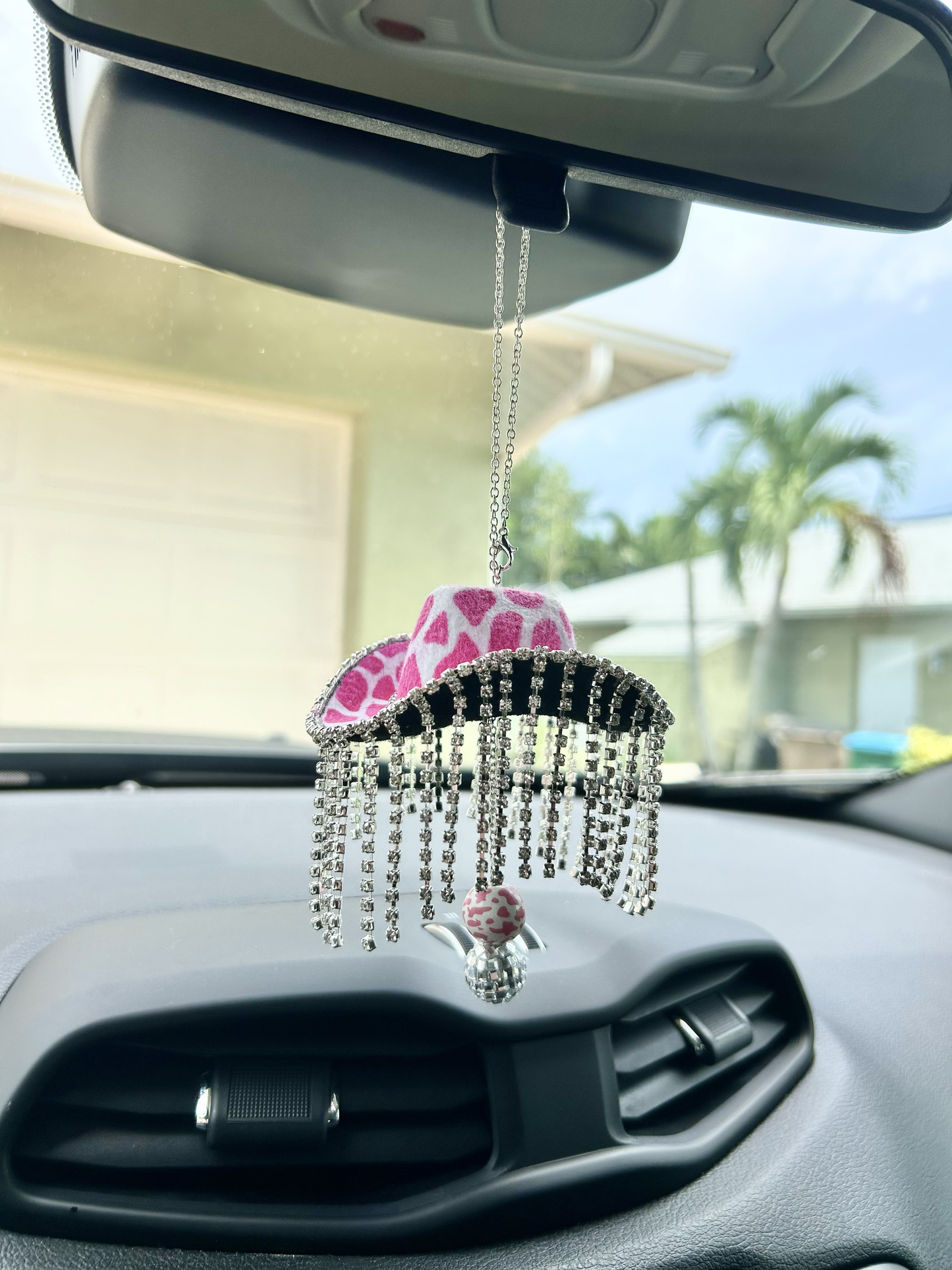 Rhinestone Tassel Cow Print Cowboy Western Hat Car Mirror Accessory