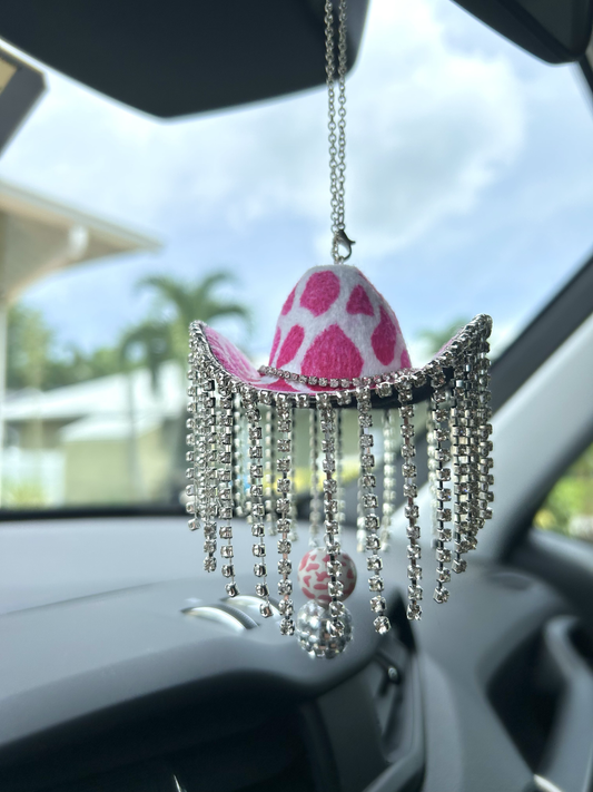 Rhinestone Tassel Cow Print Cowboy Western Hat Car Mirror Accessory