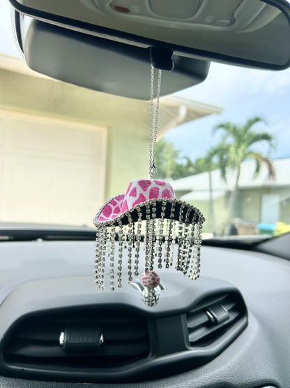 Rhinestone Tassel Cow Print Cowboy Western Hat Car Mirror Accessory
