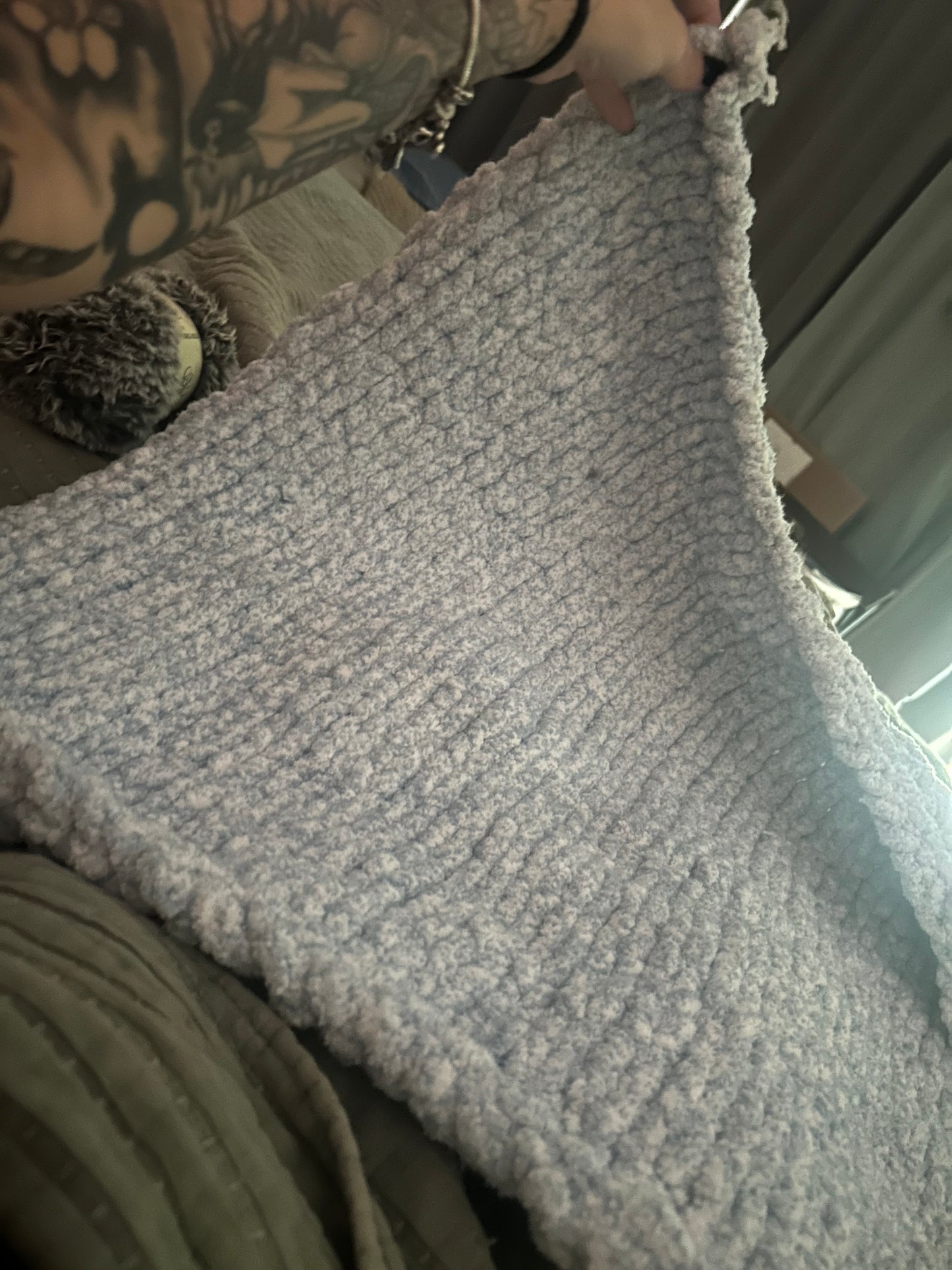 Fluffy Hand Knitted Baby Blue Blanket