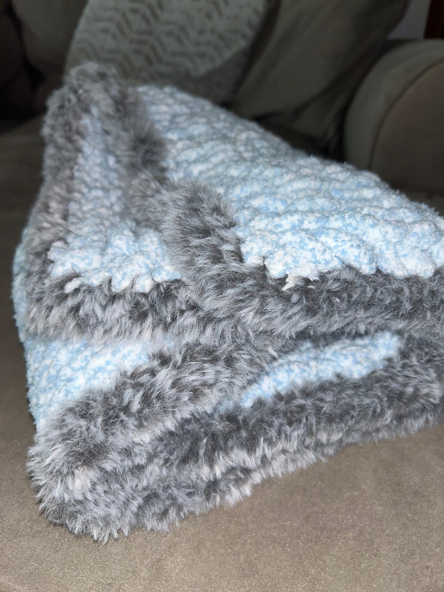 Fluffy Hand Knitted Baby Blue Blanket