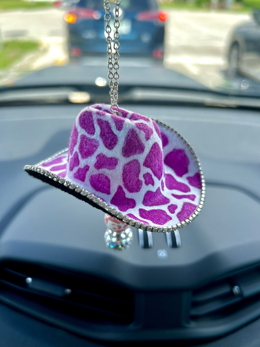 Pink Cow Print Cowboy Western Hat Car Mirror Accessory