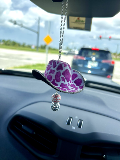 Pink Cow Print Cowboy Western Hat Car Mirror Accessory