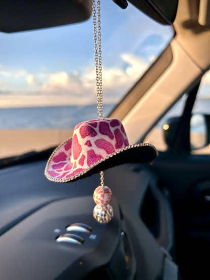 Pink Cow Print Cowboy Western Hat Car Mirror Accessory