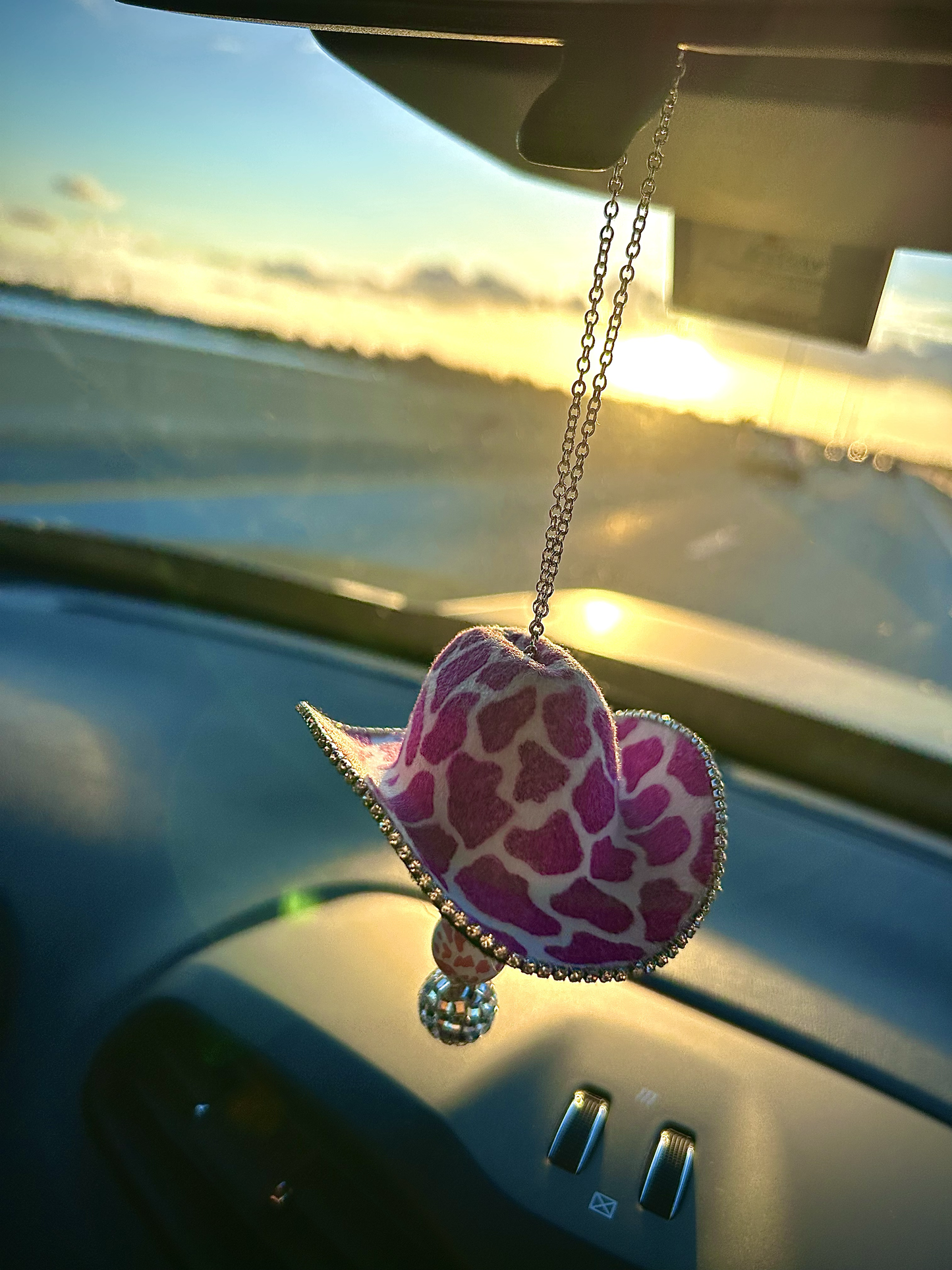 Pink Cow Print Cowboy Western Hat Car Mirror Accessory
