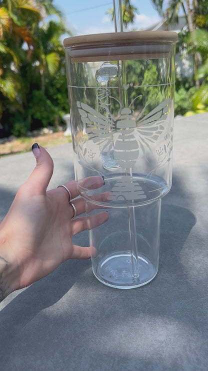 Bee Hive Hand-Etched Glass Cup with Handle